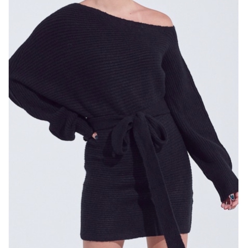 . Warm Hugs Off The Shoulder Black Chunky Knit Belted Mini/Midi Sweater Dress - Picture 8 of 13